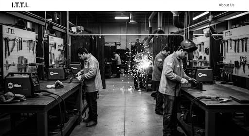 A highly professional black and white photograph of an industrial classroom setting in a welding training facility