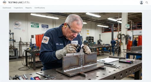 A highly detailed, professional photograph of an American Welding Society inspector carefully examining a freshly welded joint in an industrial testing laboratory