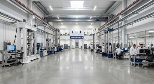 A wide, sweeping shot of a modern industrial testing laboratory