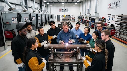 A wide angle, structured photograph showing a diverse group of welding students in an advanced vocational seminar